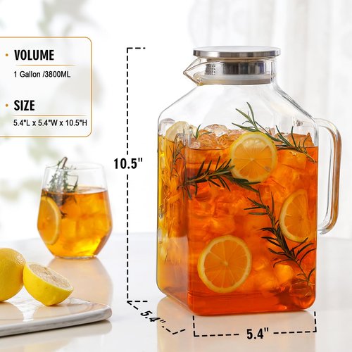 1 Gallon Square Glass Pitcher with Lid and Spout, Borosilicate Glass Carafe for Hot/Cold Drink, Water Pitchers with Handle for Fridge, Extra Large Jug for Iced Tea, Coffee, Juice, Beverage