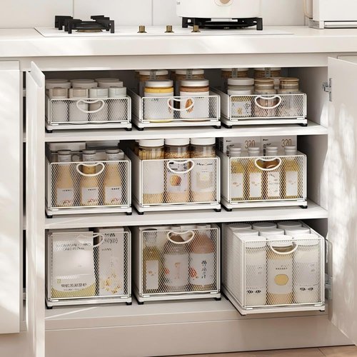 AmzAge 2 Pack Pull Out Cabinet Organizer, No Drill Adhesive Sliding Drawers for Kitchen, Metal Mesh Wire Storage Shelf for Pantry & Under Sink, White (9.6" W x 11.8" D x 3.9" H)