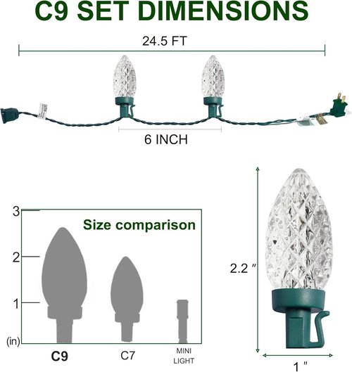 C9 Christmas Lights - 50 LED Faceted String Lights | 24.5 FT Connectable, UL Certified, Cool White for Indoor/Outdoor Use