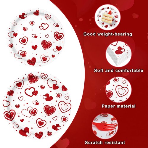 96 Pieces Valentine’s Day Tableware Set – Red Heart Disposable Plates, Napkins, and Forks for Romantic Dinners, Weddings, Anniversaries, and Love-Themed Parties – Serves 24