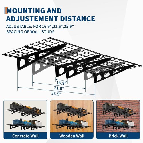 ExploreHorizon 2 Pack 2x6 FT Garage Shelves Wall Mounted Heavy Duty, 1600 LBS Heavy Duty Wall Shelf with Adjustable Distance, for Garage, Kitchen, Laundry, Shopping Mall and Tool Room, Black