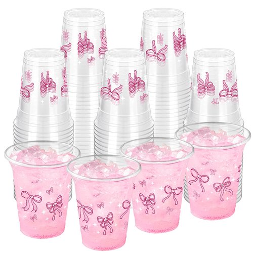 ZCPTZ 100 Pcs Pink Bow Plastic Cups, 12 oz Cute Bow Drinking Cups Pink Bow Clear Disposable Plastic Cups for Bridal Shower Wedding Birthday Party Supplies