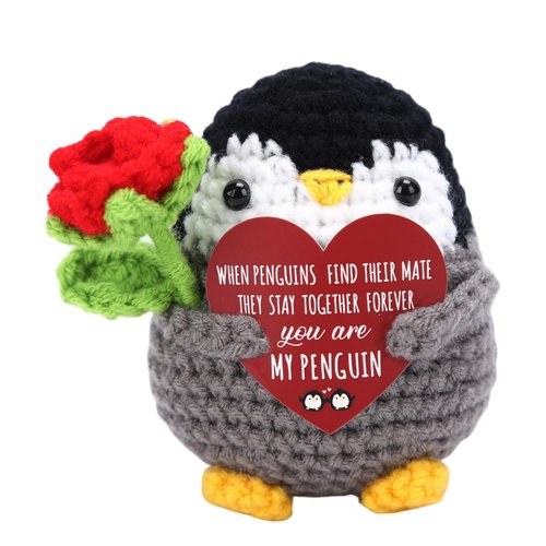 Easter Basket Stuffers,Positive Crochet Animals Penguin with Rose Flowers for Valentines Day Gifts,Easter Gifts for Women,Men,Mom,Wife, Girlfriend,Boyfriend, Husband,Teens