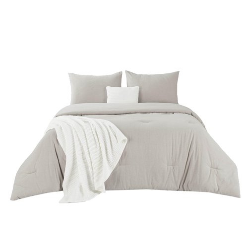 Bedsure 5 Pieces Cotton Comforter Set with Waffle Throw Blanket - Soft Breathable Bedding Set for All Seasons, Beige Queen Comforter, Pillow Shams, White 100% Cotton Blanket, Throw Pillow