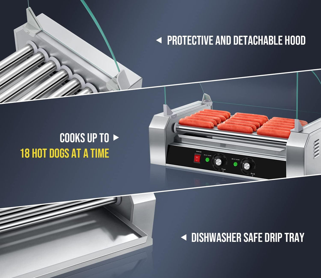 SYBO Hot Dog Roller - 18 Capacity Non-Stick Stainless Steel Rollers with Detachable Glass Cover