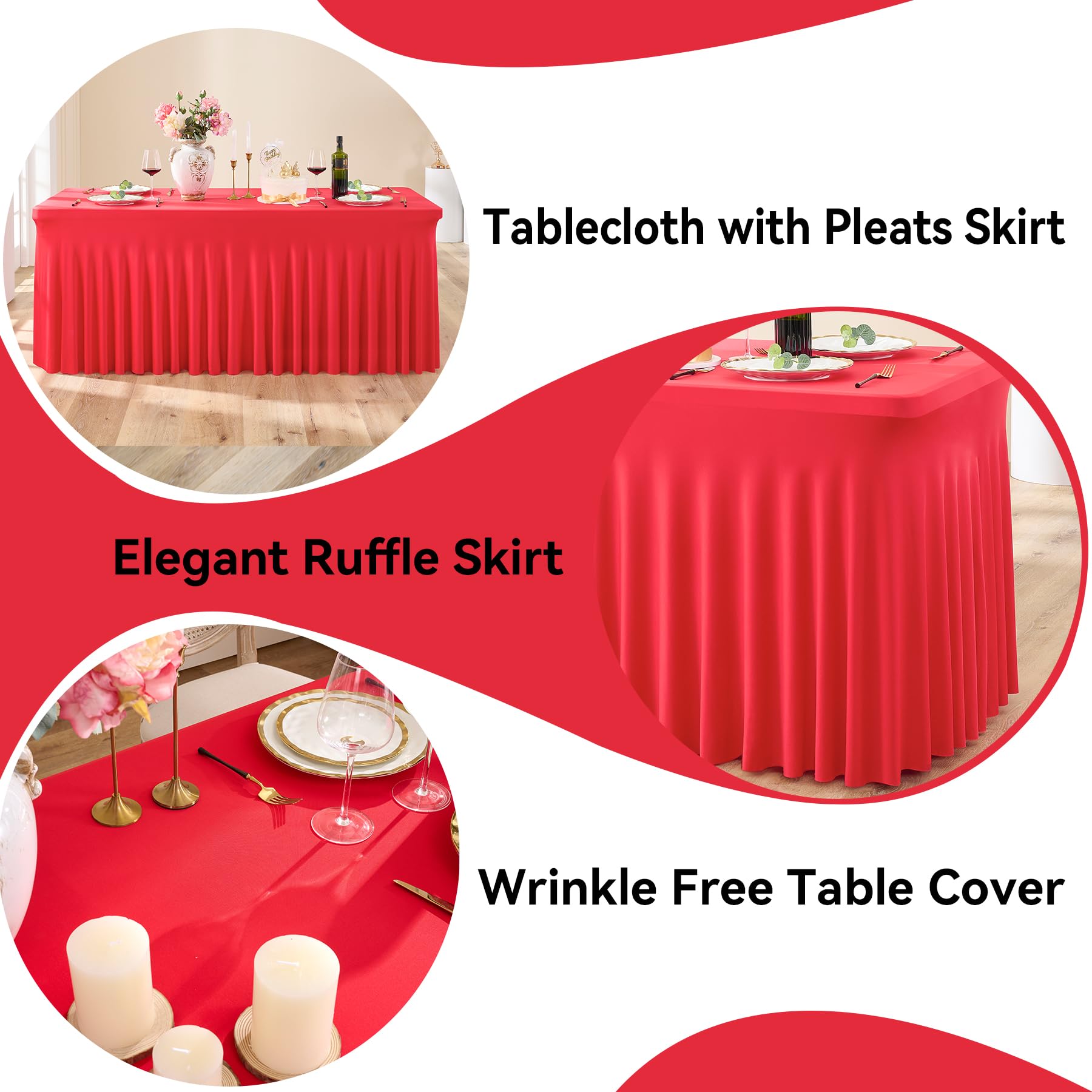 2 pk Red Spandex Tablecloth 6ft with Ruffle Skirt,Wrinkle Free High Stretchy Fitted Tablecloths for 6 Foot Rectangle Tables,Pleated Spandex Table Covers 6ft for Christmas Parties Banquet Weddings