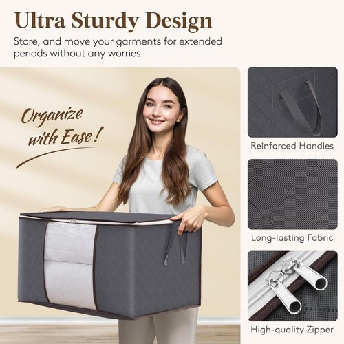 Lifewit 60L Clothes Storage Bins - 4 Pack Foldable Bags with Lids & Clear Window for Easy Organization