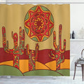 Ambesonne Cactus Shower Curtain, Print Cartoon Like Cactus Design with Oriental Effects Art Image Print, Cloth Fabric Bathroom Decor Set with Hooks, 69" W x 70" L, Burgundy Earth Yellow
