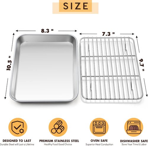 E-far Stainless Steel Baking Pan Set - 10.5”x8.3” Toaster Oven Tray with Wire Rack for Roasting & Broiling