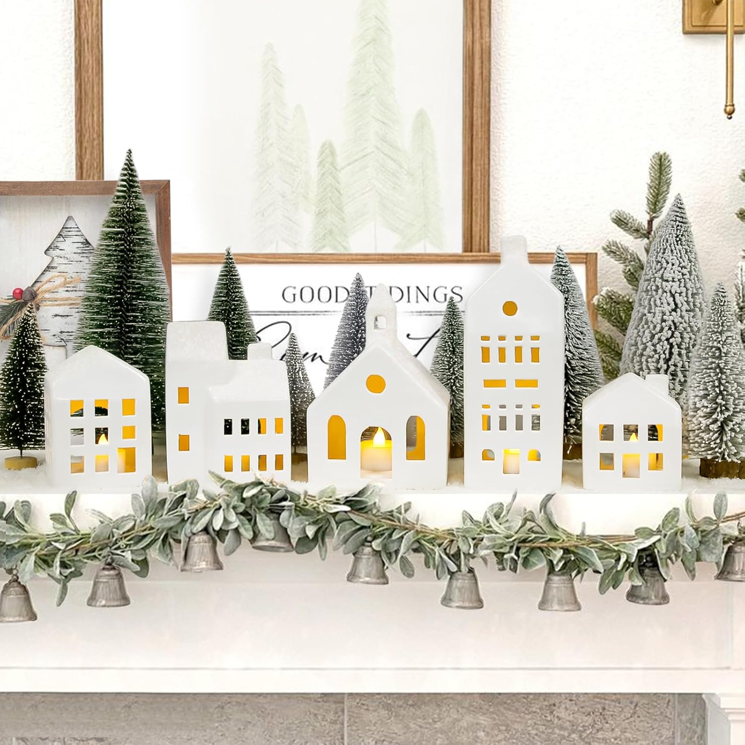 Skiennix Christmas Village Set - 5 Lighted Ceramic Houses with Remote Control & 9 Trees | Rustic Indoor Holiday Decor