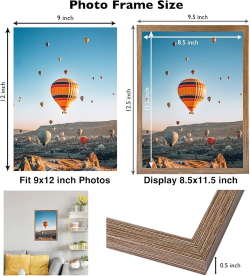 JCJMY Rustic Brown 9x12 Picture Frame - Versatile Wall Hanging for Horizontal or Vertical Display