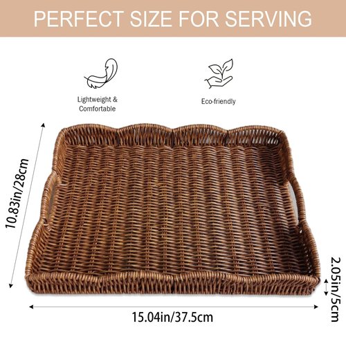 Serving Tray with Scalloped Edge, Rectangular Wicker Tray with Handles, Ideal for Breakfast or Meals in Bed and on Sofa, Decorative Coffee Table Tray to Enhance Dining (Coffee Brown)