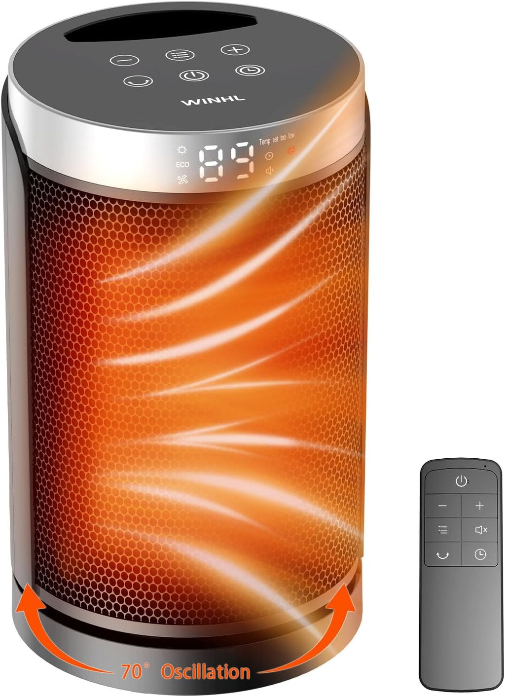WINHL Portable Electric Space Heater - 1500W PTC Ceramic with Thermostat & Remote | 70° Oscillation, 12H Timer
