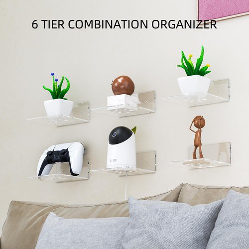 LUOBAO Acrylic Wall Shelves,Clear 6 inch Floating Shelves for Display,Echo,Cameras,Speaker,Router Wall Mounted Transparent Small Invisible Shelves with Adhesive Bedroom Bathroom Living Room