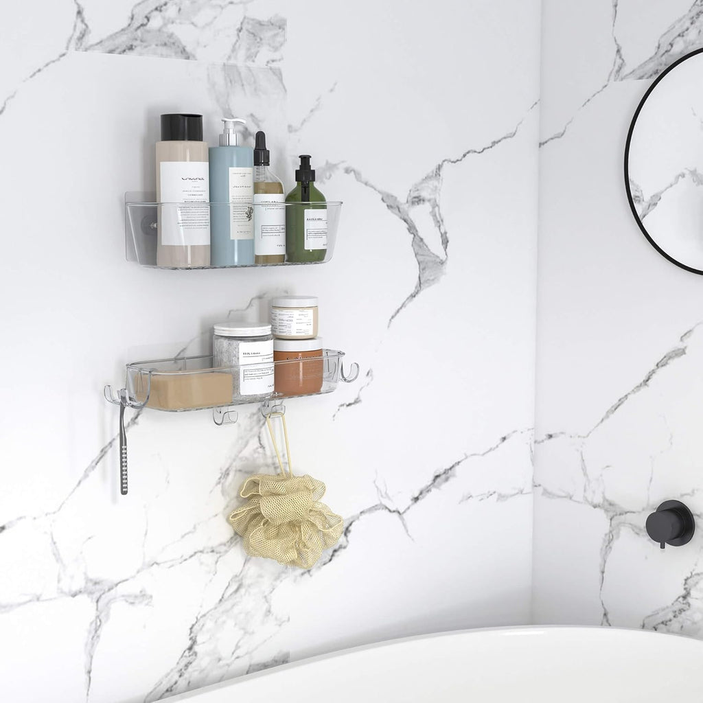 TZAMLI Clear Shower Caddy - Rustproof Wall-Mounted Organizer with Razor Holder & Hook | 2 Pack