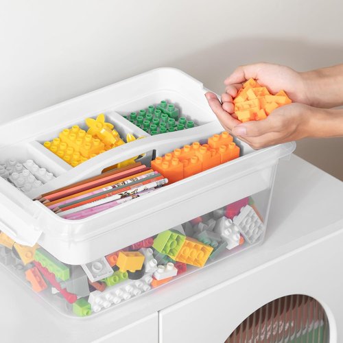 CraftGenes Craft Storage Box - 20 QT Clear Plastic Organizer with Removable Tray & Lids | White Playdoh Container for Supplies