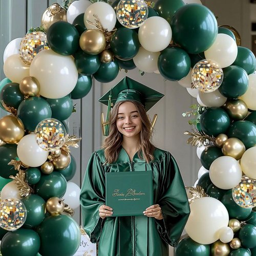 Emerald Green and Gold Balloons Arch Kit, Double Stuffed Dark Hunter Forest Green Pearl Sand White Metallic Gold Balloons for Wedding First Communion Birthday Graduation Party Decorations