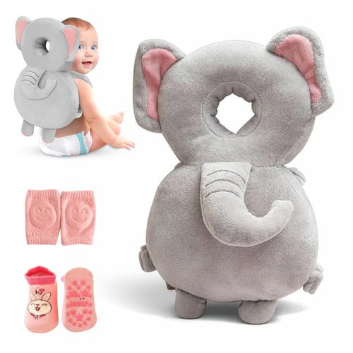 HippoBaby Baby Head Protector Backpack – Toddler Safety Cushion for Crawling & Walking – Infant Fall Protection Pillow with Adjustable Straps – Comes with Knee Pads & Non-Slip Baby Socks (Elephant)