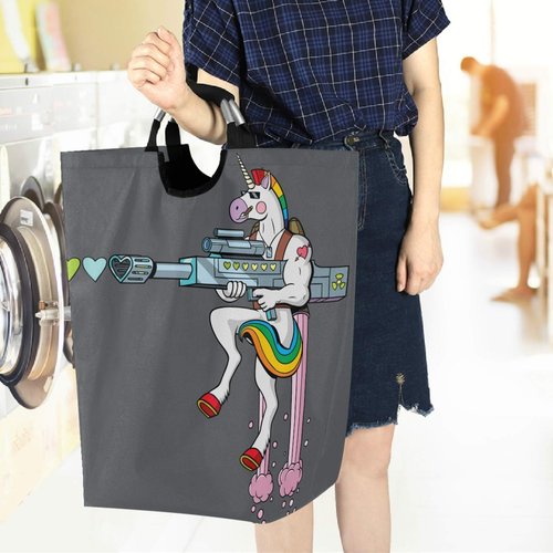 visesunny Large Capacity Laundry Hamper Basket Funny Unicorn Soldier Shooting Hearts With Love Gun Cartoon Water-Resistant Oxford Cloth Storage Baskets for Bedroom, Bathroom, Dorm, Kids Room