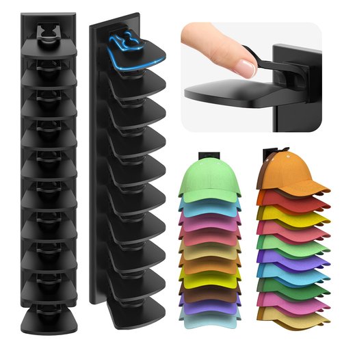 Volnamal Hat Organizer for Baseball Caps, 2 Pack Hold Up to 40 Hats, Hat Rack for Wall Space Saving, Hat Hanger w/Strong Adhesive Hat Storage Holder Display for Closet Door and Wall (Black)