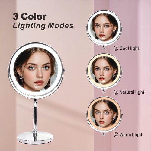 Makeup Mirror with Lights ，8 Inch 1X/10X Rechargeable Double Sided Magnifying, 360° Rotation LED HD Mirror with 3 Colors，Brightness Adjustable, Gifts for Wowen & Men