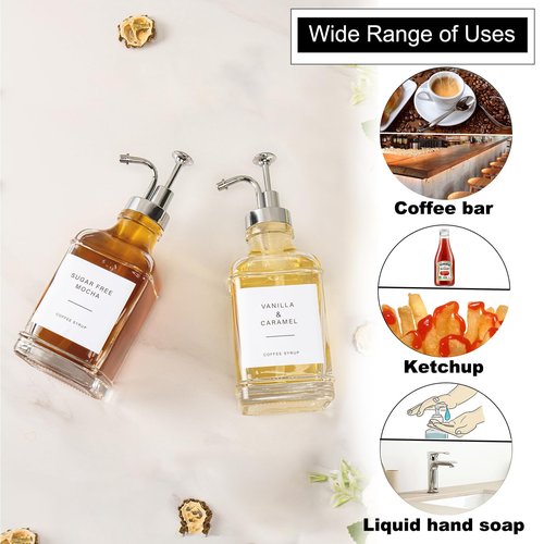 BathAce Coffee Syrup Dispenser for Coffee Bar, Clear Glass Syrup Bottles with Pump, Refillable Maple Syrup Storage, Coffee Station Accessories and Organizer, 500ml, Set of 2 (Chrome Finish)