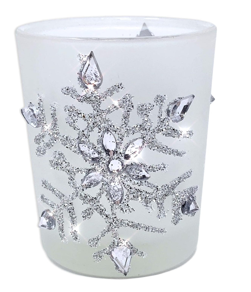 Snowflake Candle Holder - Lighted Frosted Glass Holders - Set of 3 with LED Candles - Glittery Snow Flake Holders with Jewels - Christmas Decor - 2.75" H x 2" D