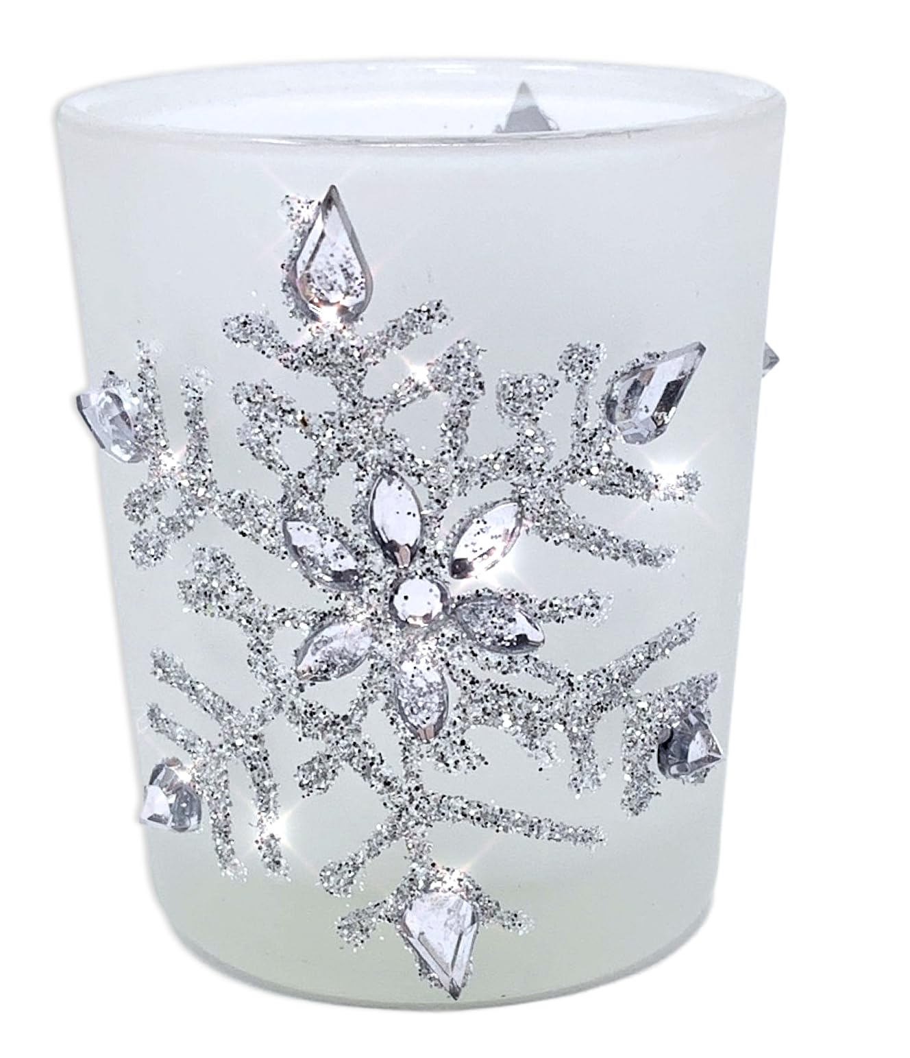 Snowflake Candle Holder - Lighted Frosted Glass Holders - Set of 3 with LED Candles - Glittery Snow Flake Holders with Jewels - Christmas Decor - 2.75" H x 2" D