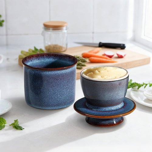 Blue French Butter Dish，Handmade Reactive Glaze Ceramic Butter Crock with Water Line for Speradable Fresh Butter
