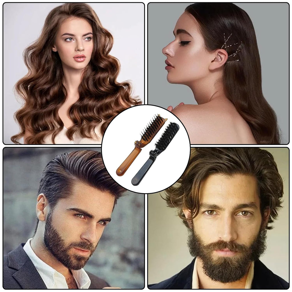 Travel Folding Hair Brush Portable Pocket Boar Bristle Brush for Women, Men, and Children, Folding Mini Boar Bristle for Wet and Dry Hair, Curly and Detangle 2 Pack