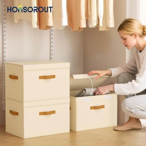 Homsorout Large Storage Bins with Lids - Front Opening Fabric Organizers, Collapsible Beige Baskets | 2 Pack