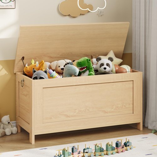 HOOBRO Toy Box, Retro Wooden Look Storage Chest with Safety Hinge, Entryway Storage Bench Supports 220 lb, 29.9 x 15.7 x 18.9 Inches Toy Chest Organizer, Easy Assembly (Natural) NL75CW01G1