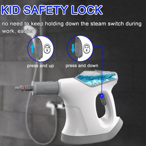 Handheld Steam Cleaner, 10S Immediate Heat Hand Held Steam Cleaner for Home, with Visualized Large Water Tank & 9 PCS Accessories & Safety Lock, for Window,Car,Kitchen,Couch,Floor (WHITE+GRAY)