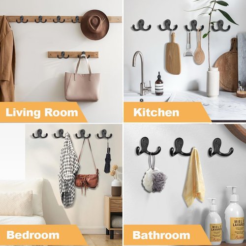 CBWLWJ Coat Hooks - Heavy Duty Double Prong Metal Wall Hooks for Home | 10 Pack in Black