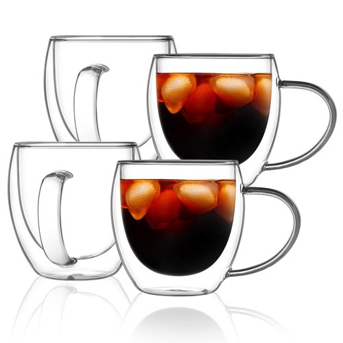 CNGLASS 12oz(4-pack) Double Walled Glass Coffee Mugs,Insulated Glass Mugs with Handle,Clear Espresso Cups for Latte,Cappuccino,Tea Bag