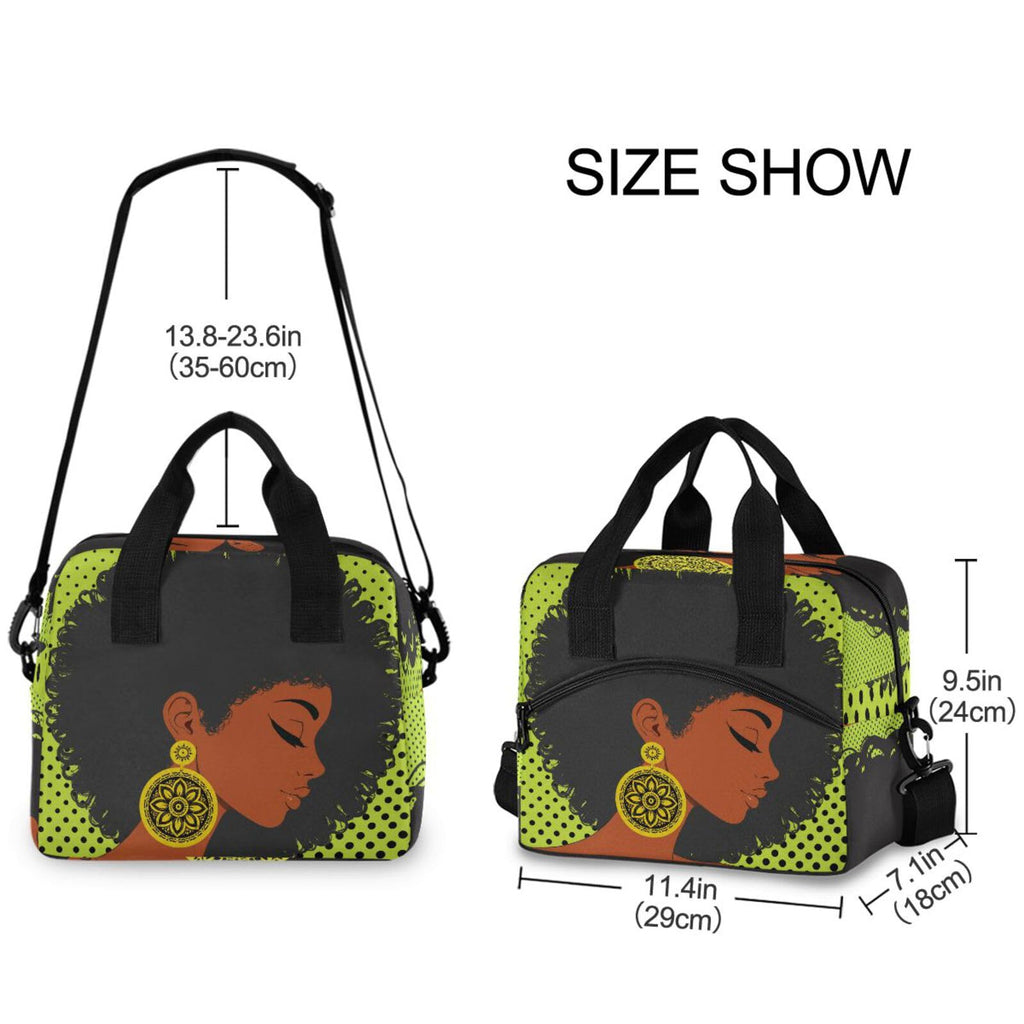 Reusable Lunch Bag for Girls Women,African American Woman Lunch Box Container with Detachable Shoulder Strap,Insulated Lunch Coolers for School Office