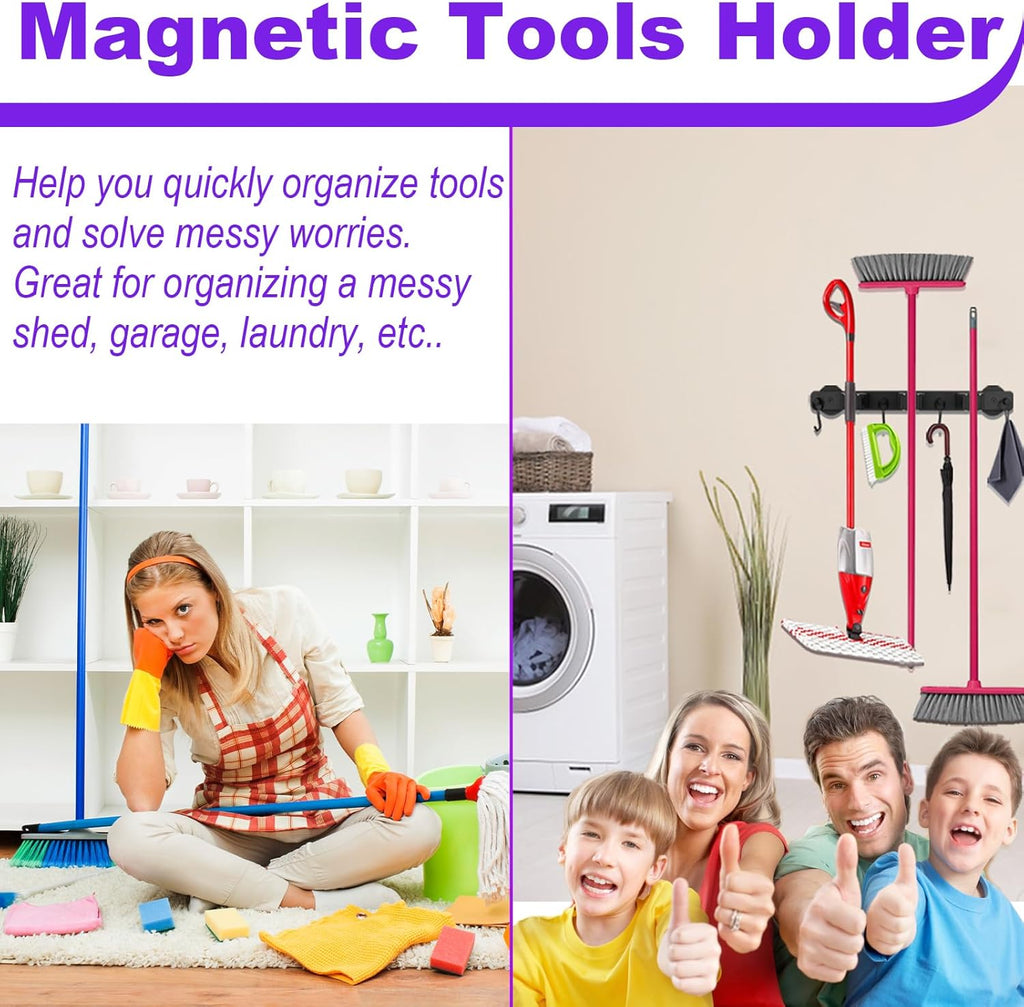 Skiennix Magnetic Mop Holder - Heavy Duty Tool Organizer with Swivel Hooks | Ideal for Kitchen, Garage, Laundry