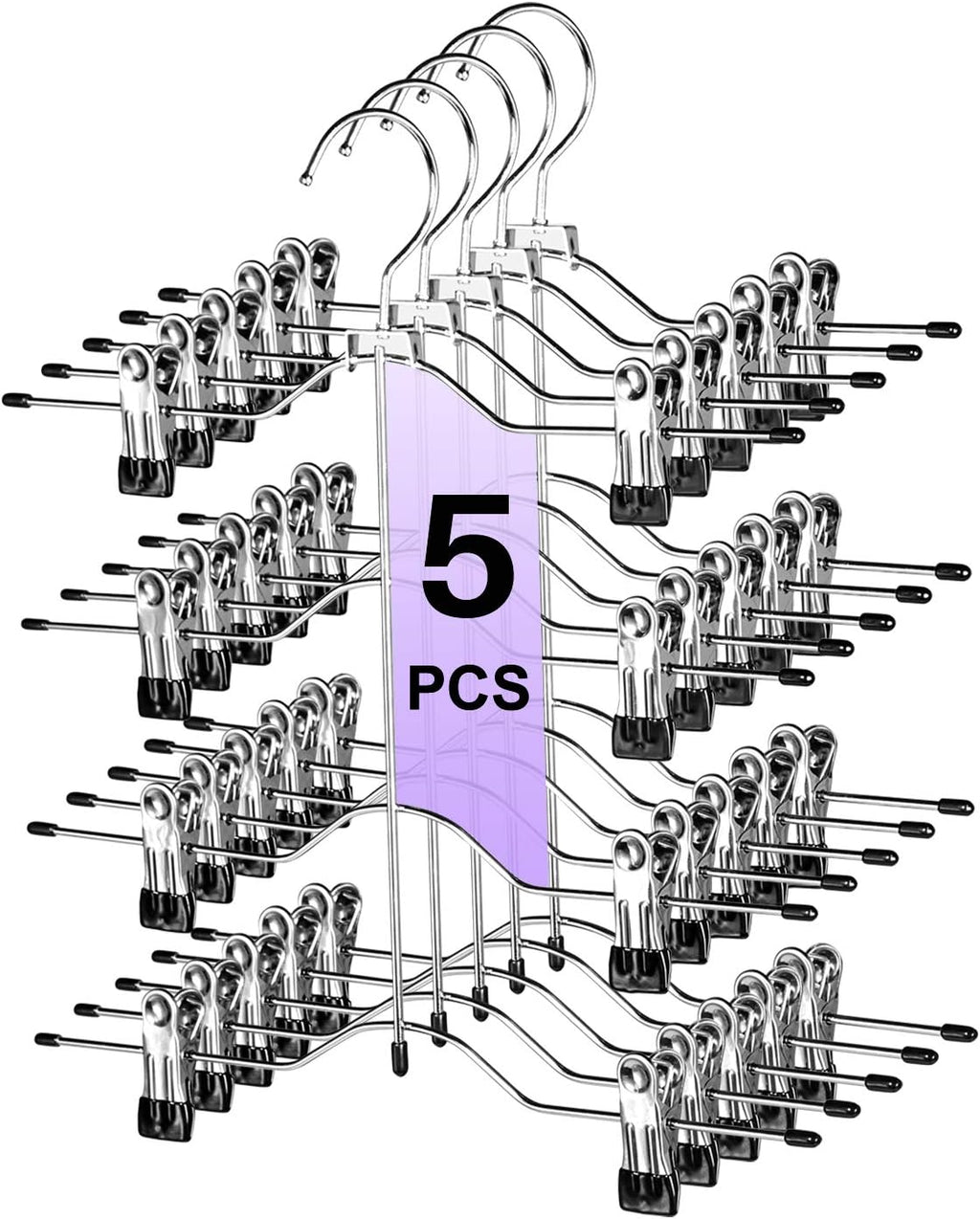 Skiennix Multi-Layer Pants Hangers - 4 Tier Adjustable Clip Skirt Organizer | Heavy Duty Non-Slip Design (Black)