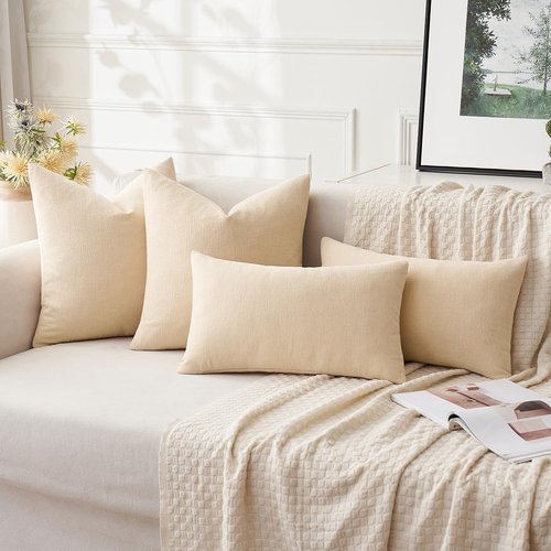 MIULEE Beige Couch Pillow Covers - Set of 2 Soft Chenille Decorative 18x18 Inch Square Pillows for Farmhouse Living Room