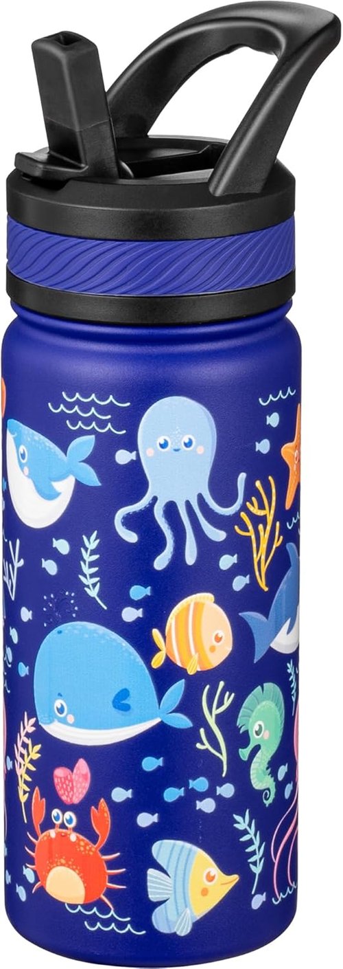 Fanhaw Kids Insulated Water Bottle - 18 Oz Stainless Steel, Leakproof, BPA Free | Blue Ocean