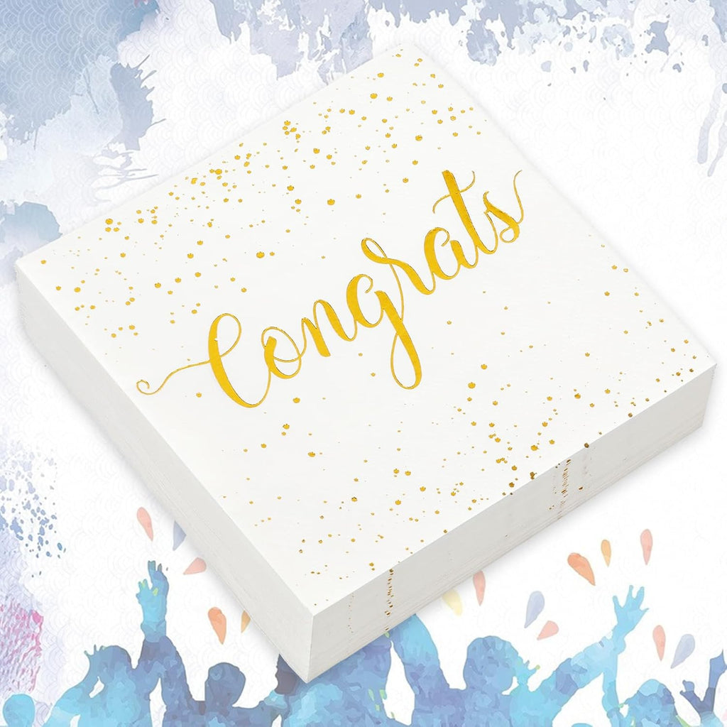 Whaline Cocktail Napkins - 80 Pcs White Gold Foil Congrats Design | Perfect for Graduation & Celebrations
