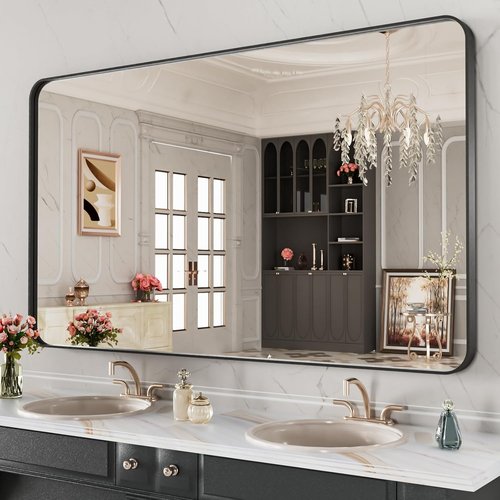 LOAAO Black Metal Framed Bathroom Mirror - 48x28 Inch, Anti-Rust, Tempered Glass, Versatile Hanging Options