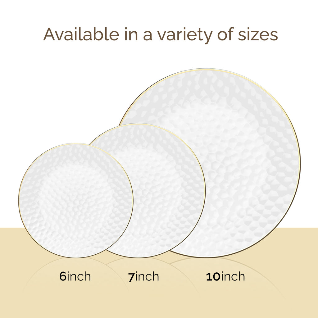 R-kay 100 Pack Clear Plastic Plates For Wedding - 10 IN Hammered Gold Rimmed Sturdy, Durable And Extra Heavy duty Gold Plastic Plates For Party - Bulk Disposable Plates For Weddings