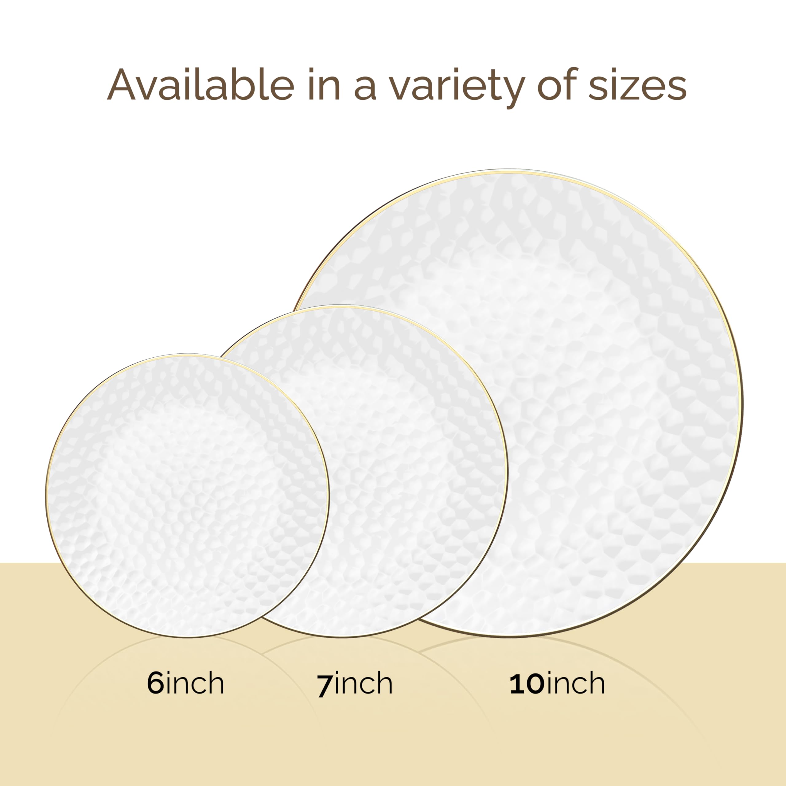 R-kay 100 Pack Clear Plastic Plates For Wedding - 10 IN Hammered Gold Rimmed Sturdy, Durable And Extra Heavy duty Gold Plastic Plates For Party - Bulk Disposable Plates For Weddings