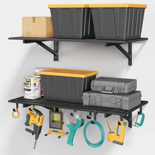 Jusgym 2-Pack 2x4ft Garage Shelving Wall Mounted, Heavy Duty Garage Wall Shelving with Hooks, 500 lbs Capacity Industrial Storage Shelves for Garage Organization
