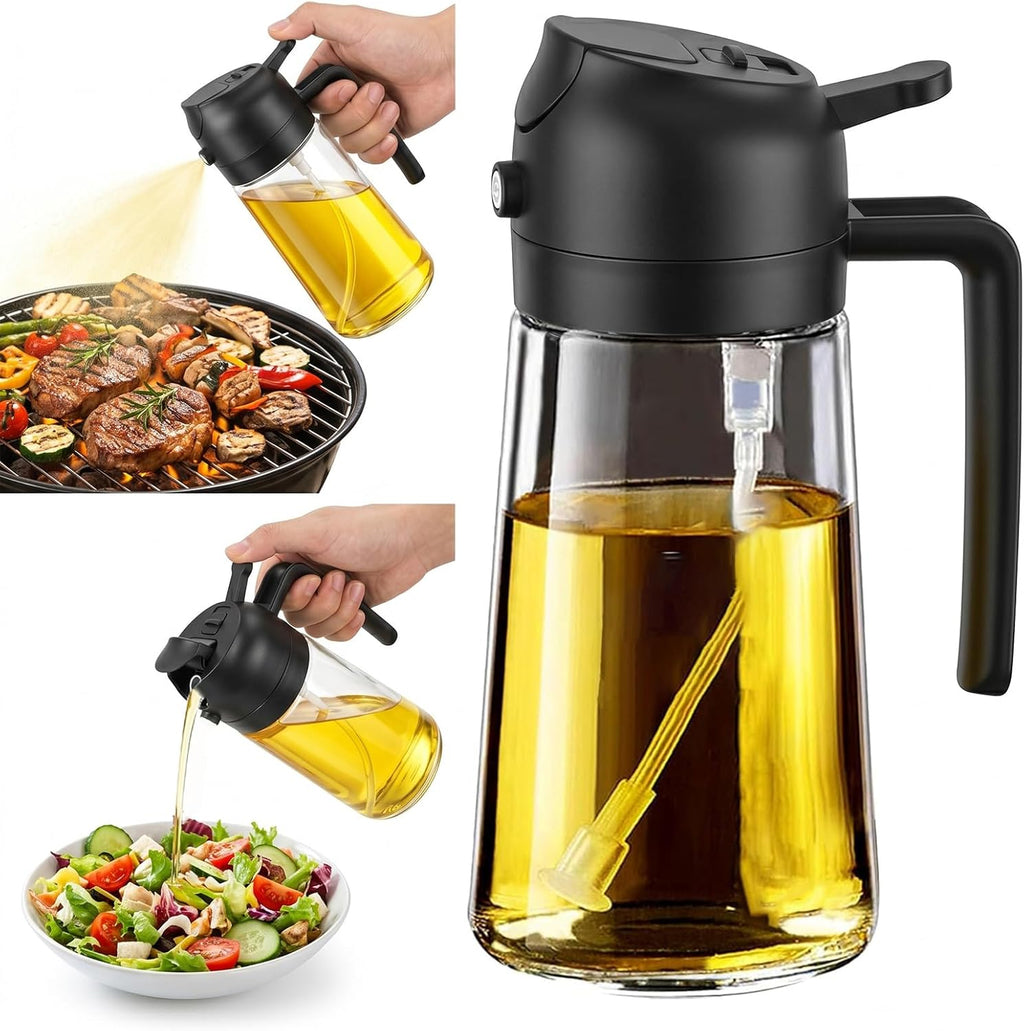 Oil Sprayer 16oz by [Brand Name] - 2-in-1 Food Grade Glass Dispenser for Cooking & BBQ (Black)