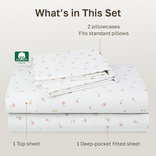 California Design Den Full Size Bed Sheets Set - 100% Cotton, 400 Thread Count, Smooth Sateen Finish, Deep Pockets, Floral Design
