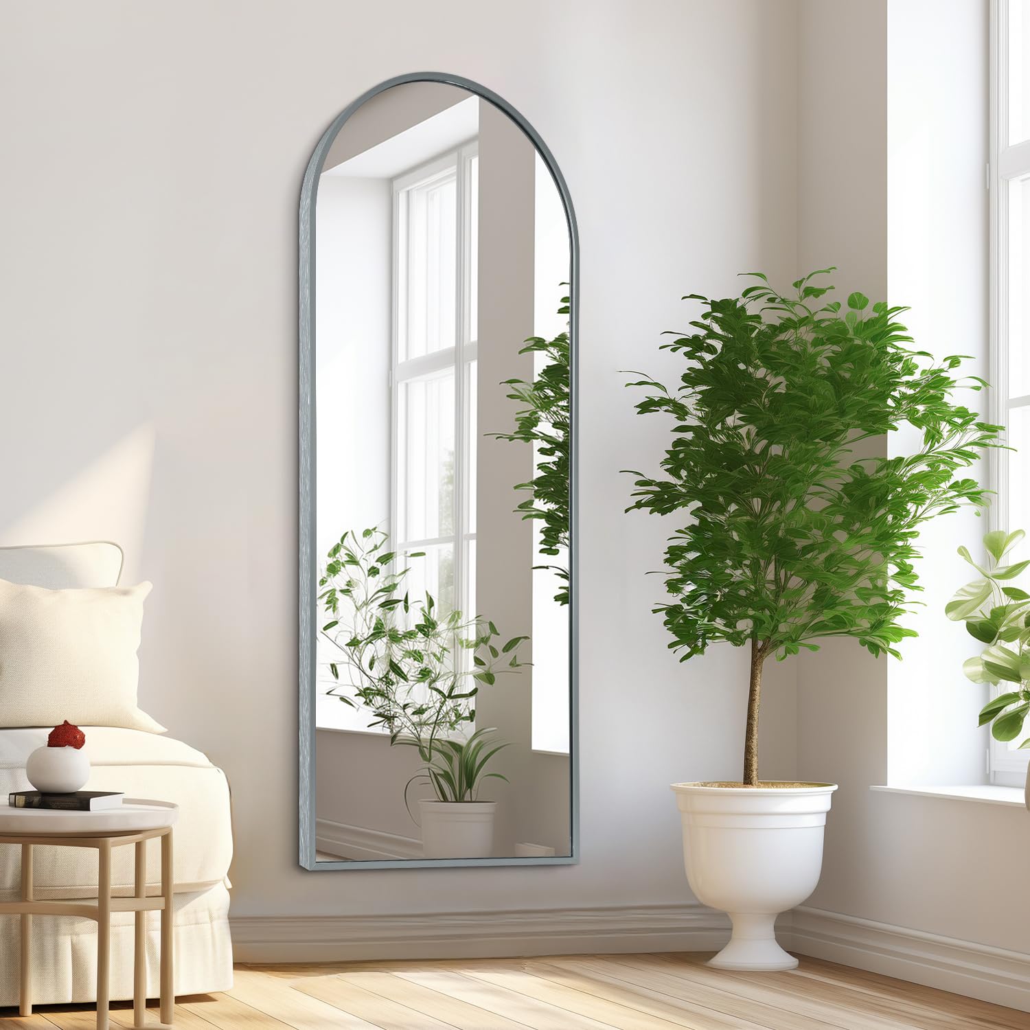 HLFMVWE Arch Full Length Wall Mirror, 48"x16" Arched Wall Mounted Mirror, Metal Aluminum Frame Modern Simple Home Decor, Leaning Against Wall Mirror for Bedroom Living Room Cloakroom Gray
