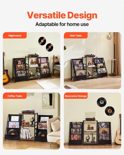 VEVOR Record Player Stand, 3 Tiers Metal Vinyl Record Stand, Turntable Stand with Record Holder Vinyl Display Shelf, Wooden Record Holder Ideal for Bedroom, Living Room, Black