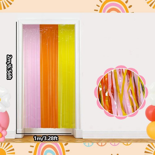 Groovy Foil Fringe Curtains Backdrop Birthday Party Decorations, 2 Pack 3.28 x 6.56 Ft Orange Yellow Pink Tinsel Streamer Photo Booth Props for Hippie Retro Boho Themed Party Decor Supplies